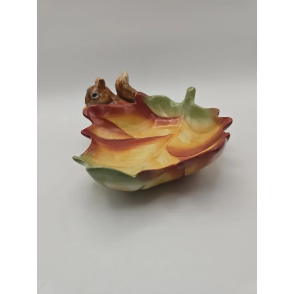 Ceramic Fall Leaf Brown Bowl Squirrel Home Decor